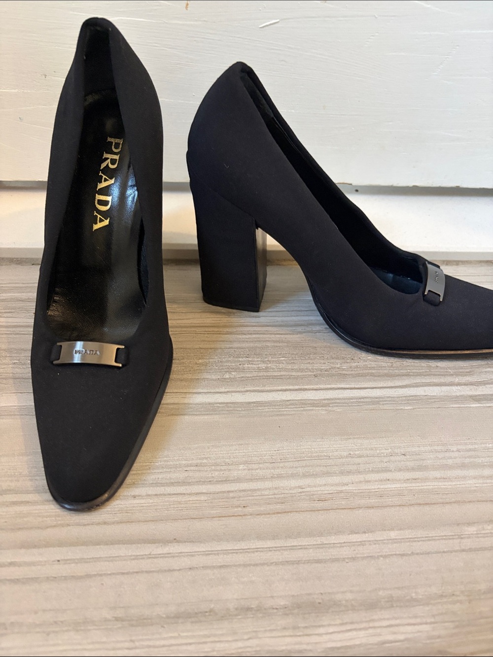 Vintage Prada Black Pointed Toe Block-Heel Pumps with Metal Accent
